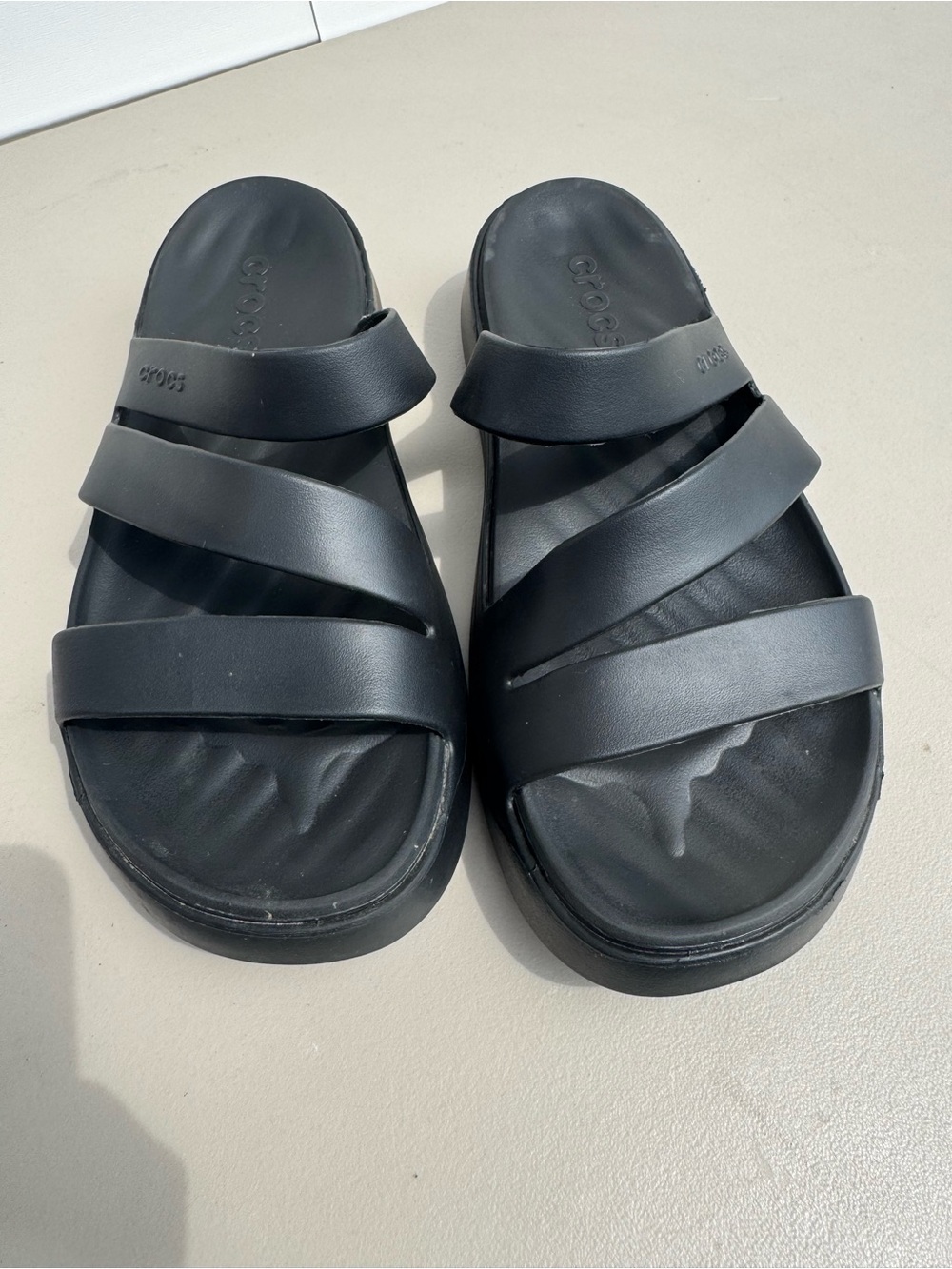 CROCS Black Triple-Strap Slide Sandals - Picture 2 of 3